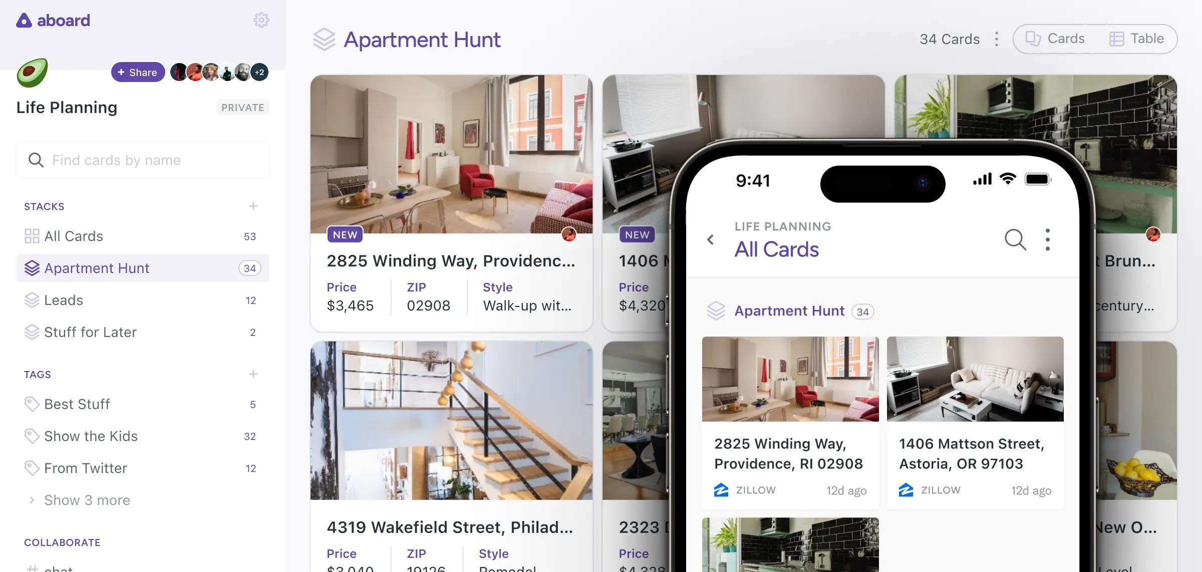 An image of an "Apartment Hunt" board, showing cards with different apartments, prices, and other data, plus options for chat. Everything is nicely organized.
