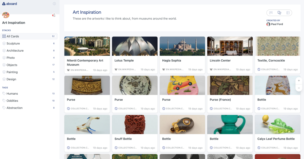 A screenshot of a board titled "Art Inspiration" with the subhead "These are the artworks I like to think about, from museums around the world." Features rows of cards depicting various works of art.