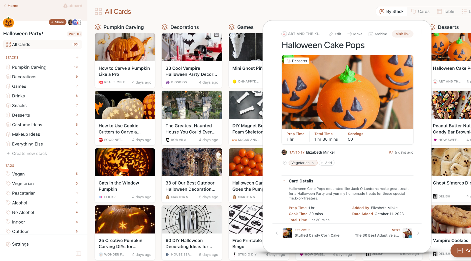 Screenshot of a Halloween board featuring a pop-out card of pumpkin-shaped cake pops