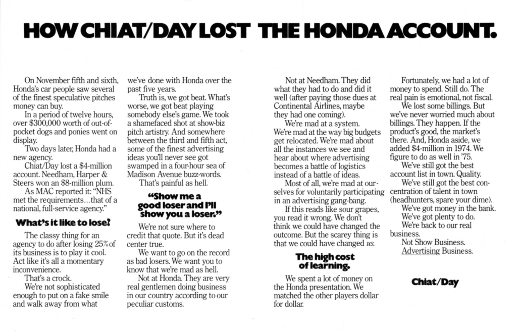 Full-page ad with four columns headlined HOW CHIAT/DAY LOST THE HONDA ACCOUNT