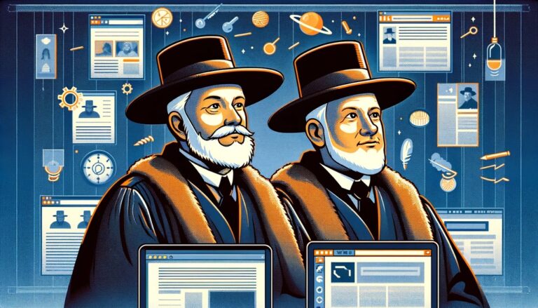 AI-generated image of two older men with white beards and black hats, surrounded by many floating web browser windows.