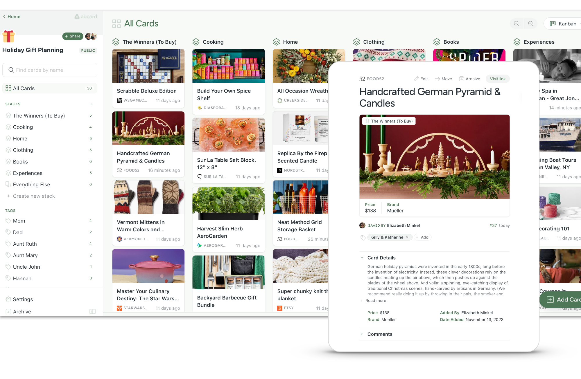 Photograph of a beautiful gift board filled with wonderful, pretty gift ideas.