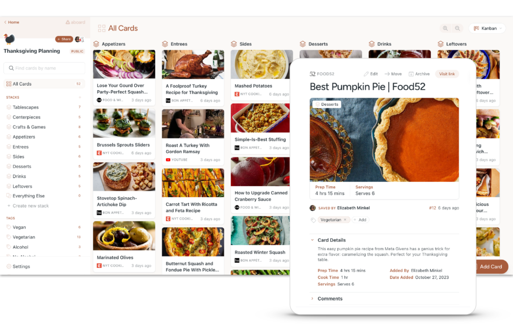 Photograph of a Thanksgiving planning board with a pumpkin pie card