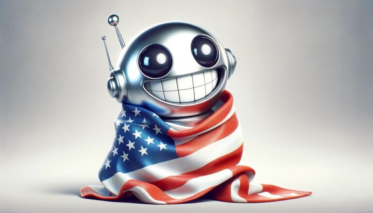 AI-generated image of a robot with a very aggressive smile draped in an American flag