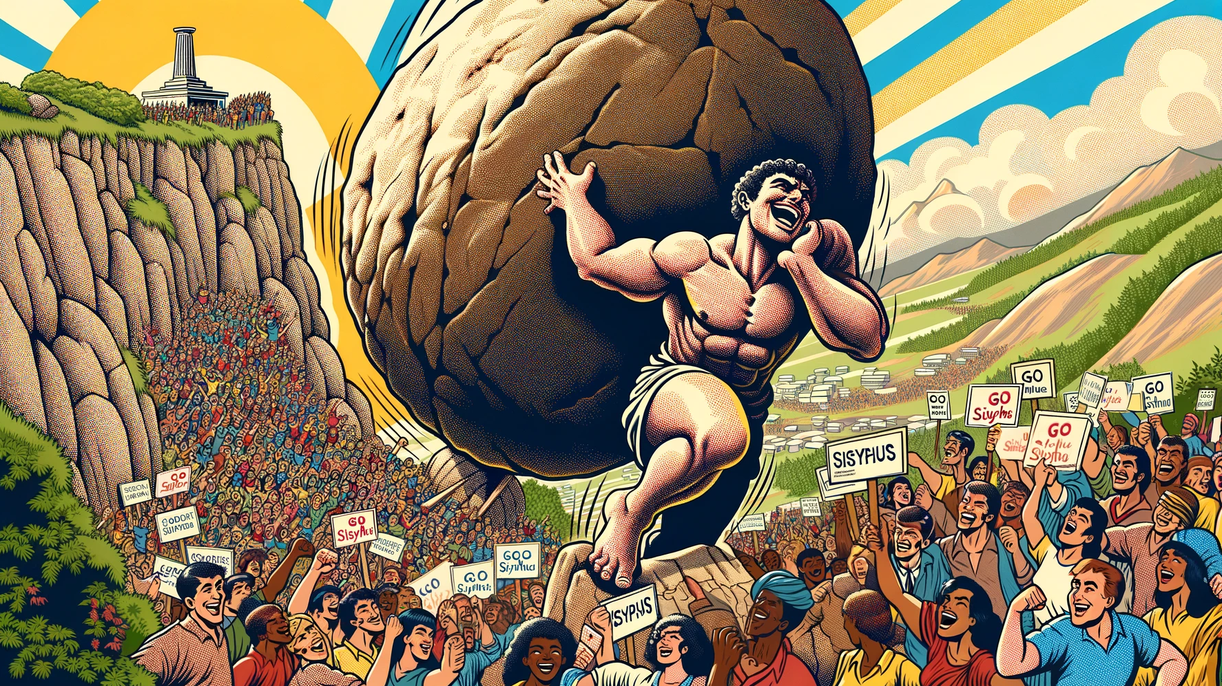 AI-generated image of a happy Sisyphus carrying a boulder, with a massive crowd cheering him on