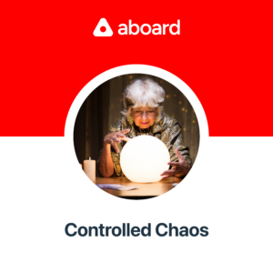 Podcast cover image featuring an older woman peering into a crystal ball. Background two solid blocks of white and red. Aboard text and logo in white; title "Controlled Chaos" in black.