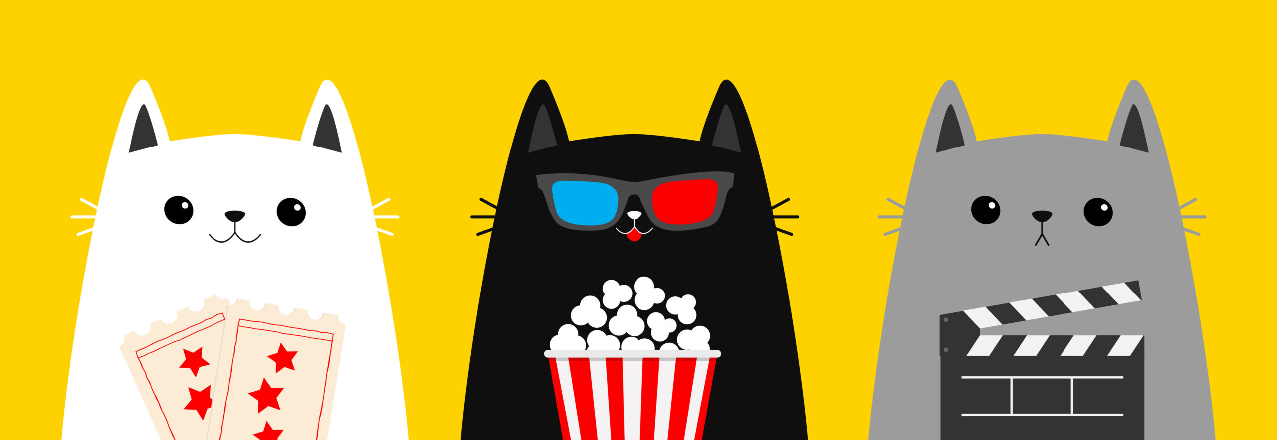Illustration of three cartoon cats: a white one holding two movie tickets, a black one in 3D glasses holding popcorn, and a grey one holding a director's clapboard. All against a yellow background.