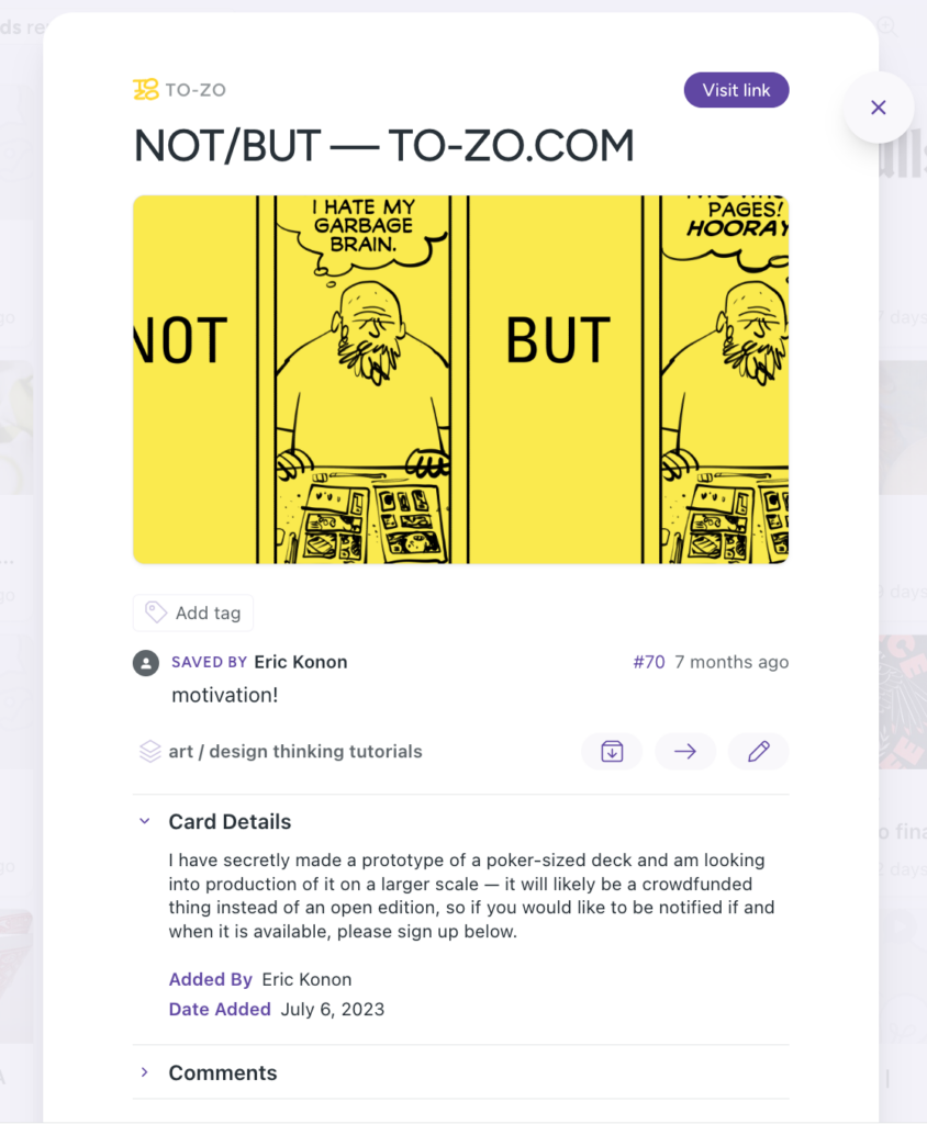 Screenshot of a card featuring a comic in yellow with the title "NOT/BUT—TO-ZO.COM"