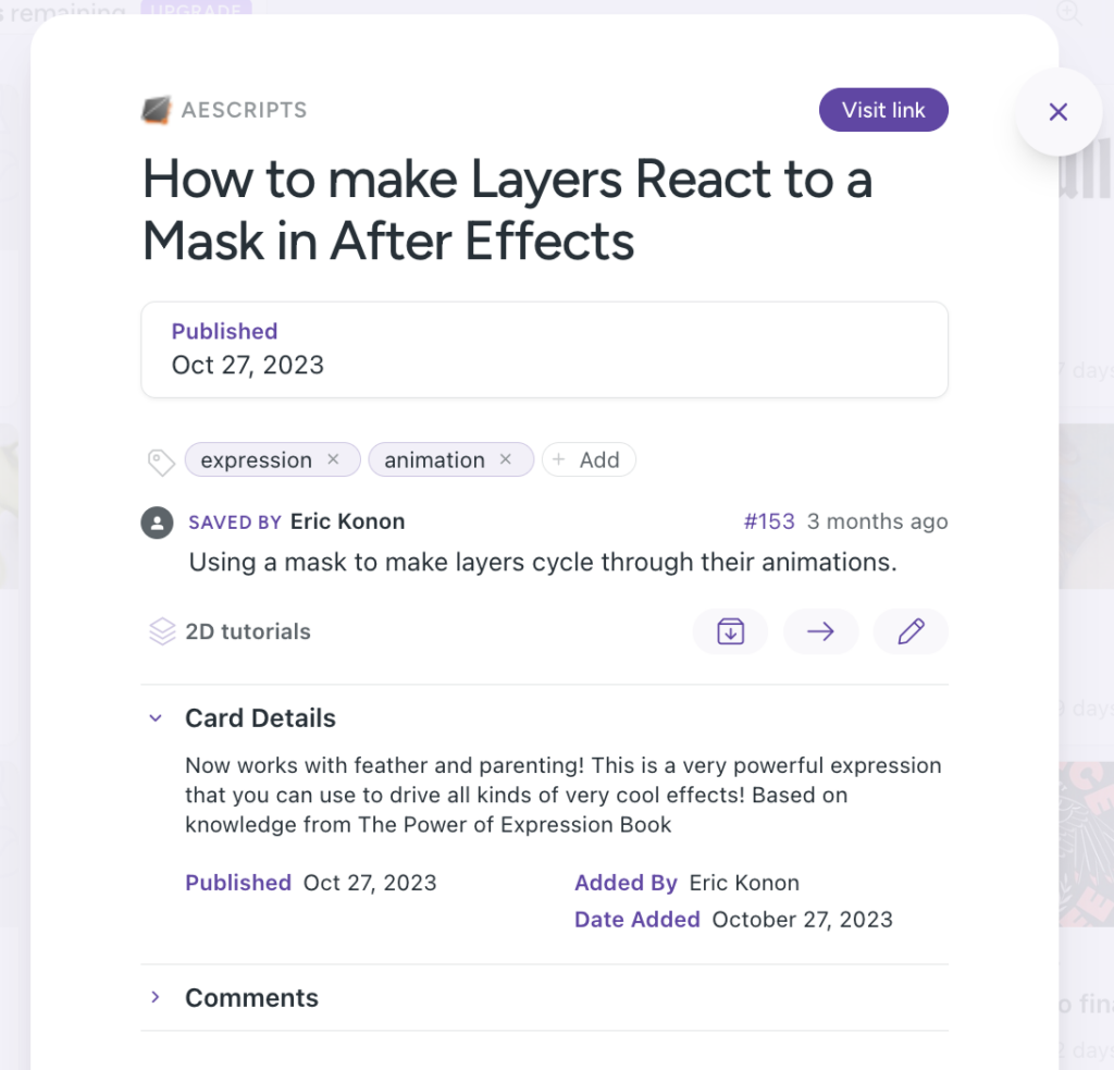 Screenshot of a card titled "How to make Layers React to a Mask in After Effects"