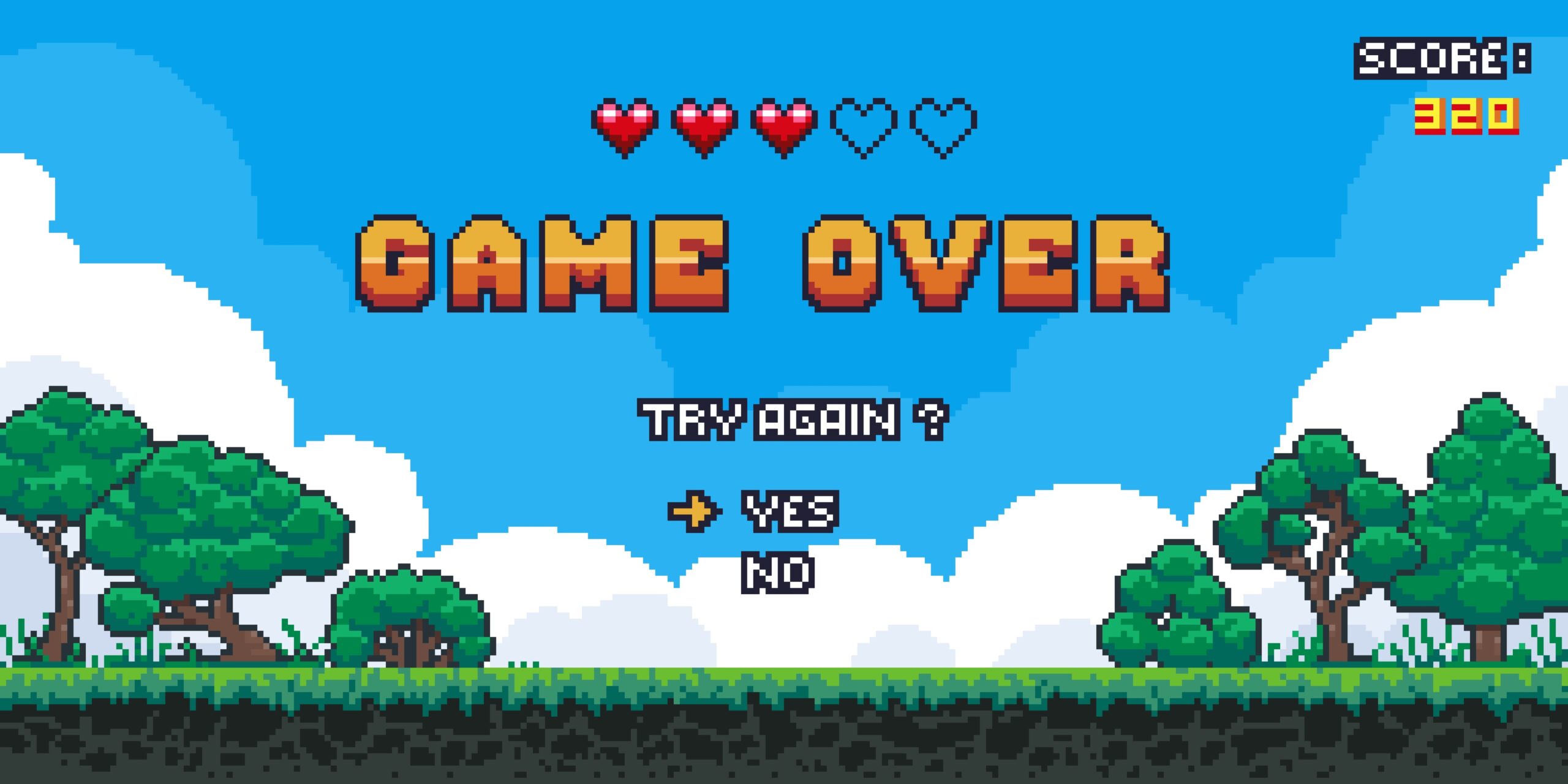 Image of an old-school video game screen reading GAME OVER / TRY AGAIN? and YES or NO with an arrow pointing at YES. Background is blue sky with puffy white clouds, green trees, and green grass and dirt