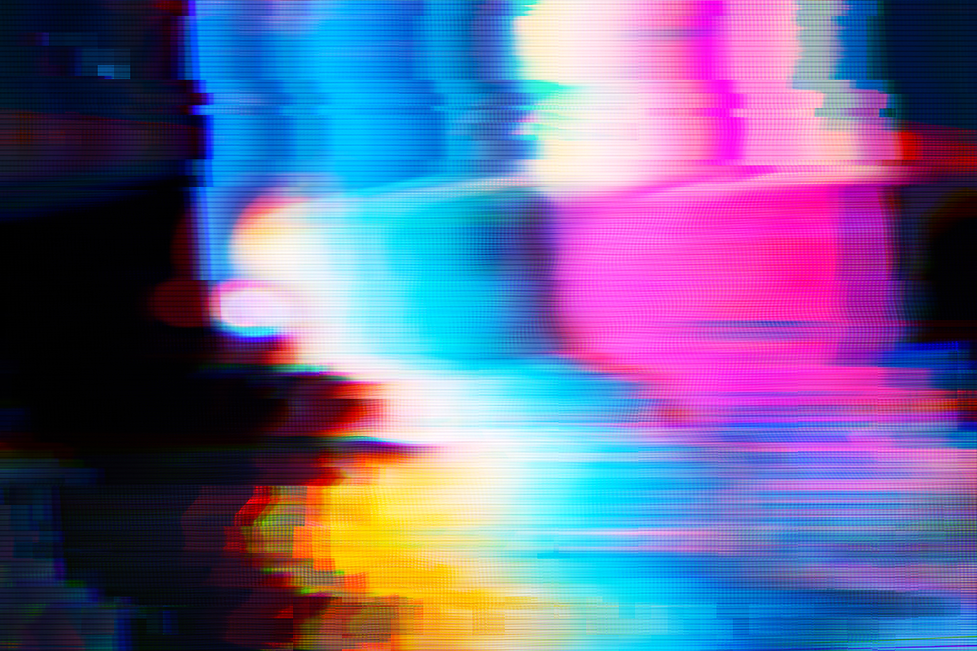 Abstract glitchy image of shades of blue, pink, yellow, and black