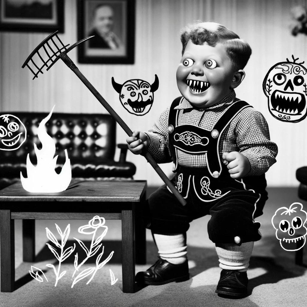 Black and white image of Paul's demonic AI-generated child, with googly eyes and holding a broken rake, cartoon skulls and flames drawn on the image