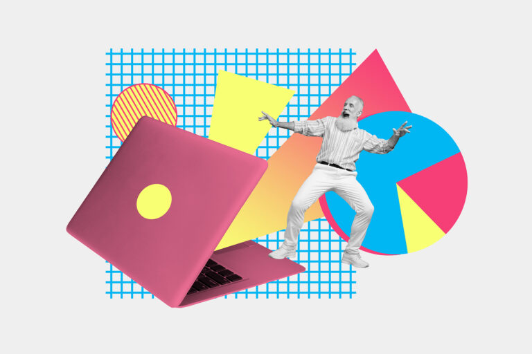Image of a pink laptop and a black and white photograph of a man leaping out of it, with 80s-style neon abstract graphics behind them.