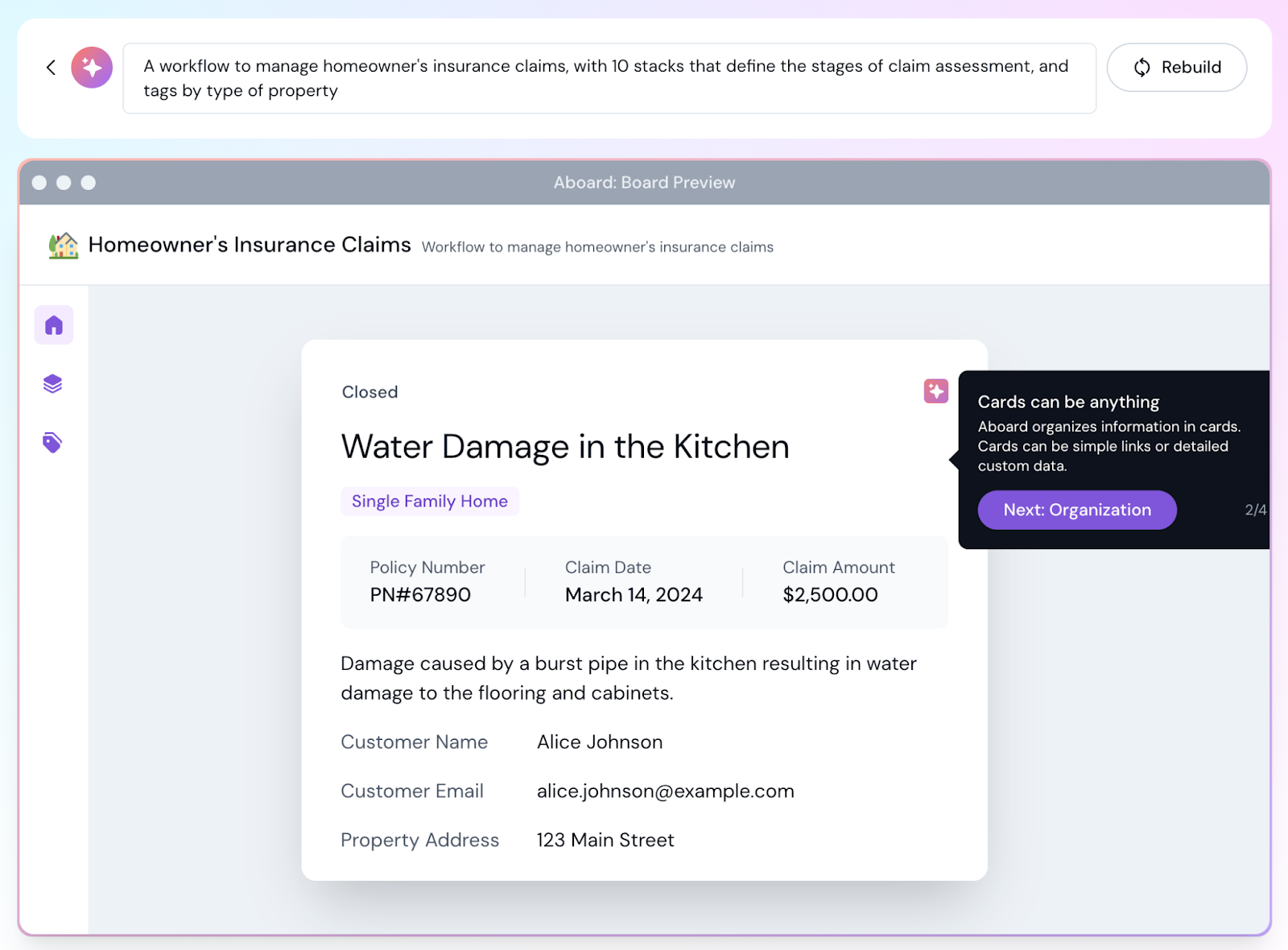 Image of a board with a card titled Water Damage in the Kitchen