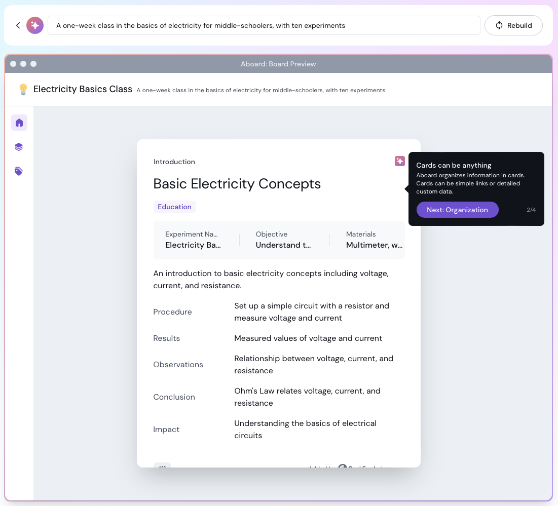 Electricity board highlighting a basic concepts card