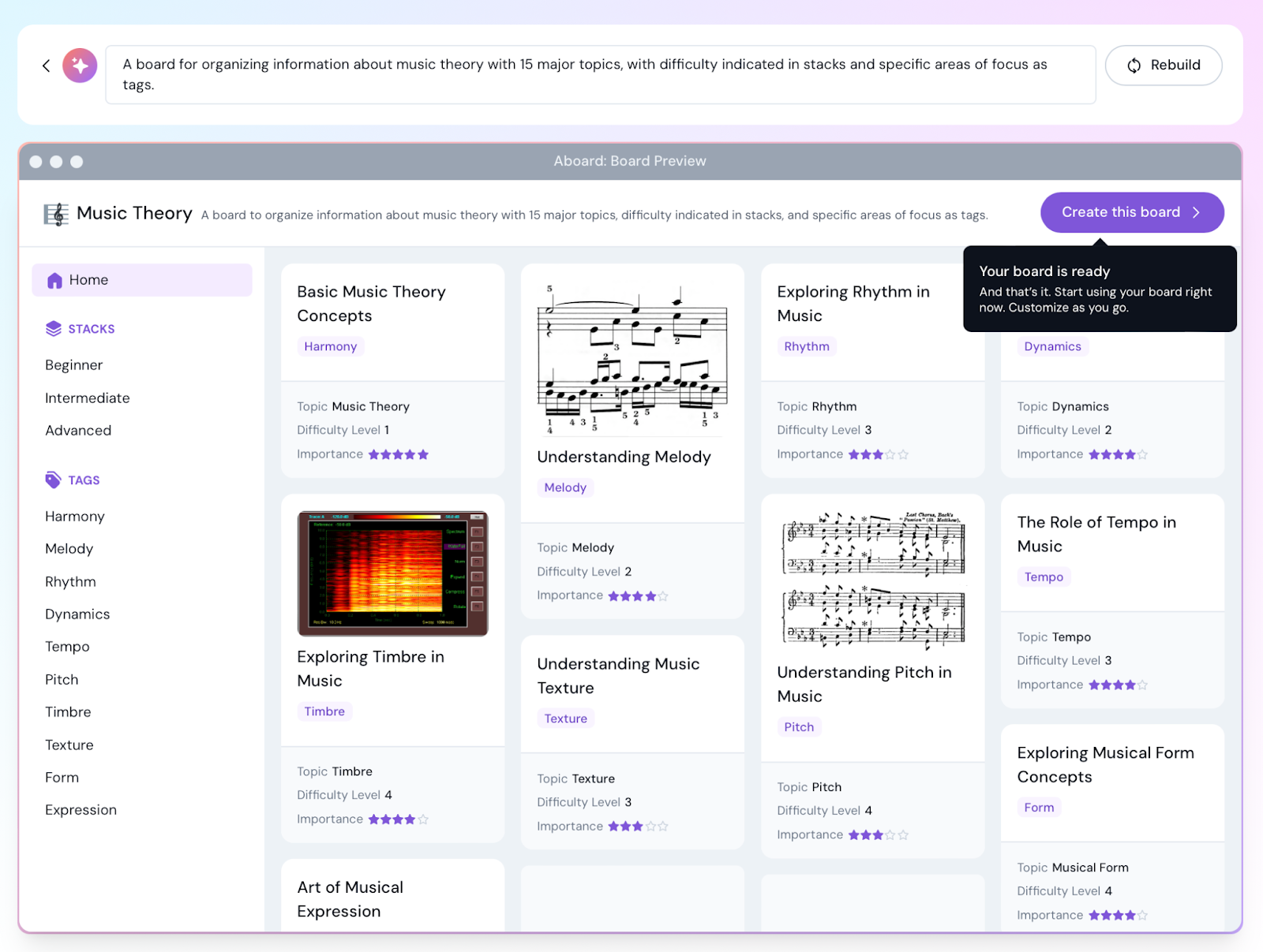 Screenshot of a music theory board