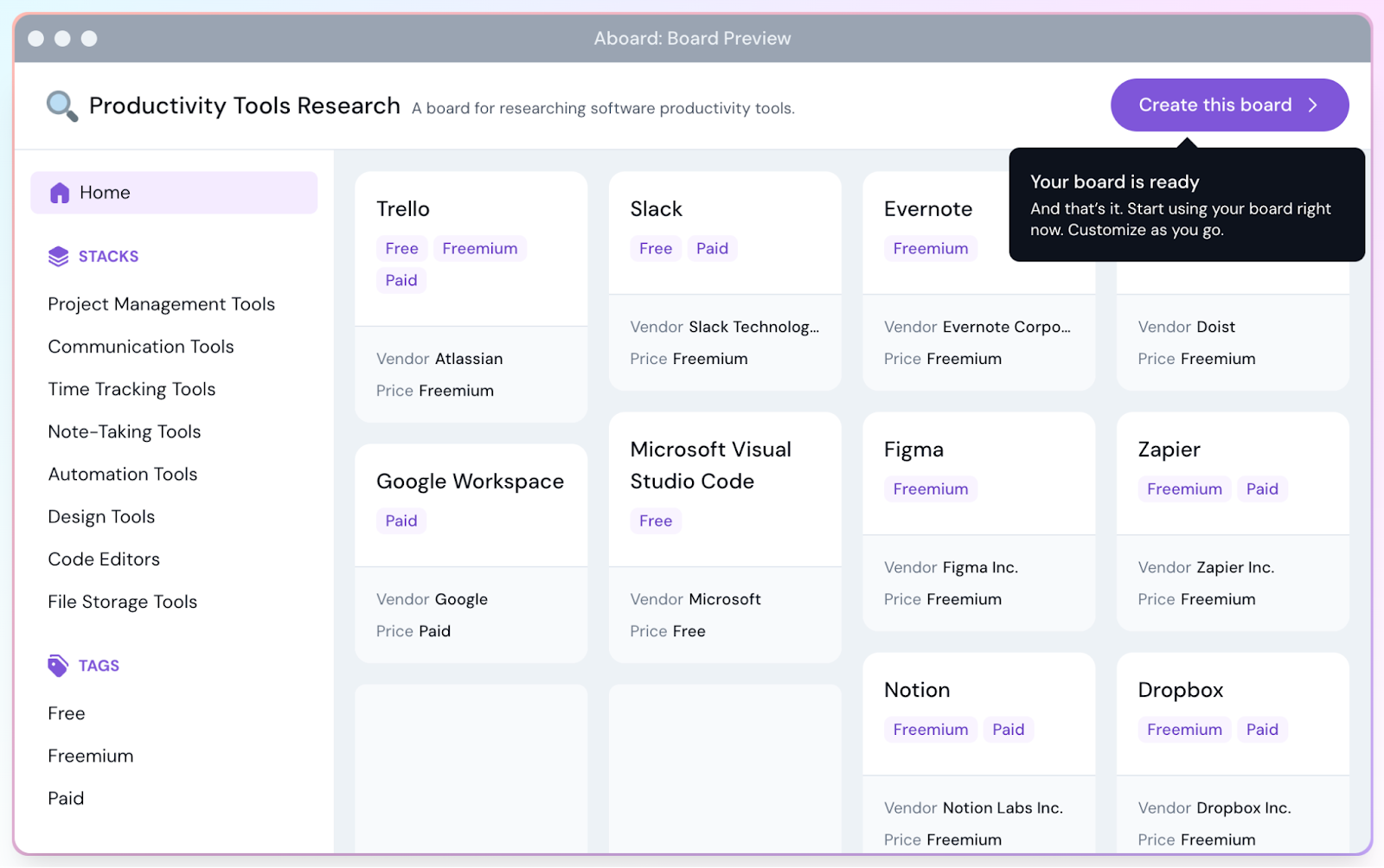 Image of a Productivity Tools Research board