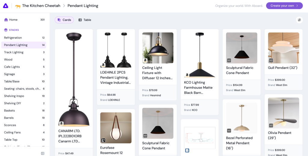 Screenshot of the Pendant Lighting stack on the Kitchen Cheetah board