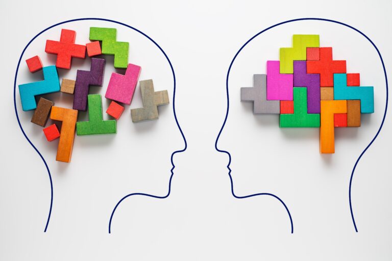 Outline of two human heads facing each other with colorful blocks representing each brain.