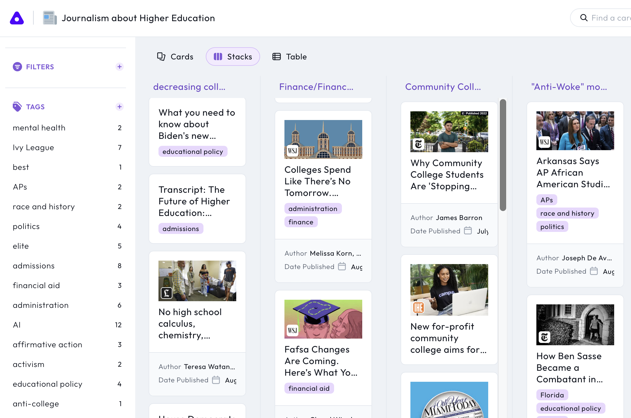 Screenshot of a board with the title Journalism about higher education