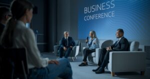 Image of a few people sitting in chairs on a stage with the background sign reading "Business Conference"