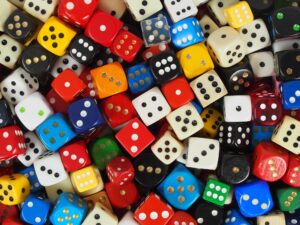 Photograph of many colorful dice.