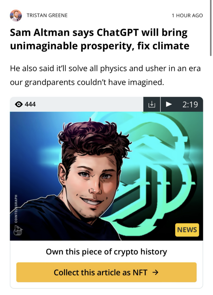 Screenshot of an article titled "Sam Altman says ChatGPT will bring unimaginable prosperity, fix climate" with a cartoon drawing of Sam Altman and an invitation to buy the article as an NFT.