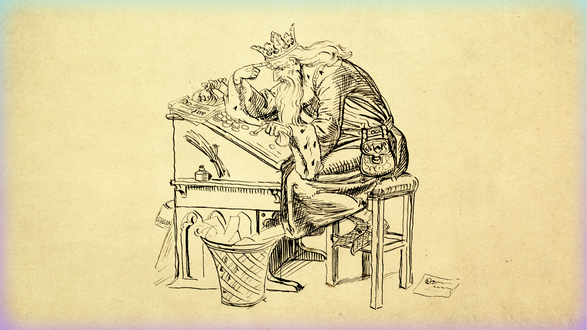 Line drawing of a king in a crown and robes bent over a counting device.