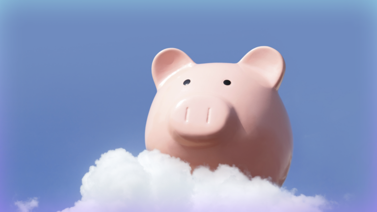 Image of a classic pink piggy bank sitting on a fluffy white cloud against a blue sky.