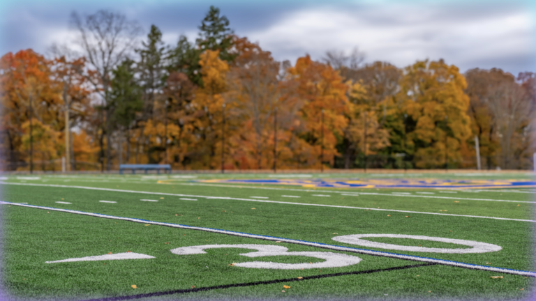 Photograph of a football field with autumn trees in the background.