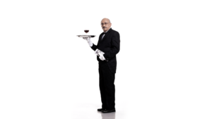 Image of a butler holding a glass on a tray against a white background.