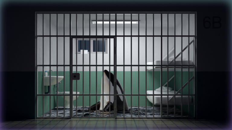 Image of an orca in a traditional prison cell with bunk beds, a toilet, and a sink.