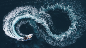 Aerial image of motor boat creating a figure 8 with its wake.