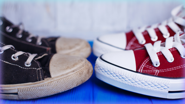 Photograph of two pairs of sneakers, one old and dirty and one new.
