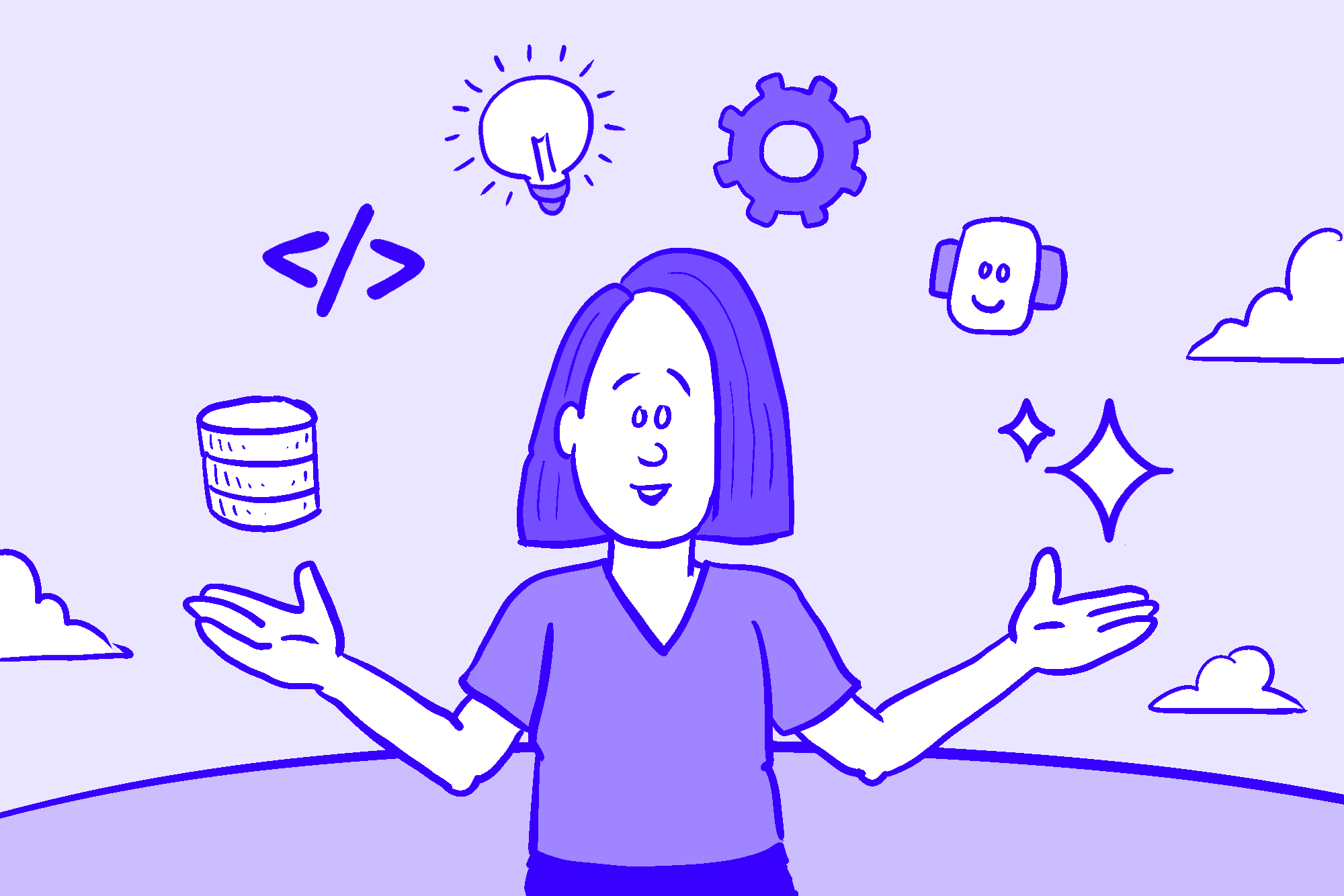 Drawing of a woman with her arms outstretched and several components of development floating above her head (a stack, code, a lightbulb, a gear, a robot head, and AI sparkles).