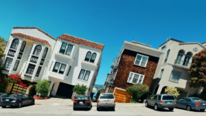 Image of a row of houses tilted at an extreme angle.