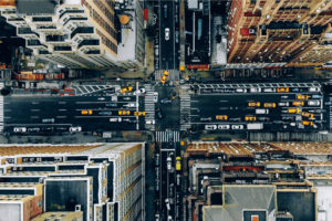 Aerial view of a New York City street.