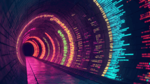 Image of a cyberpunk looking tunnel in shades of neon pink, blue, yellow, orange, and green.