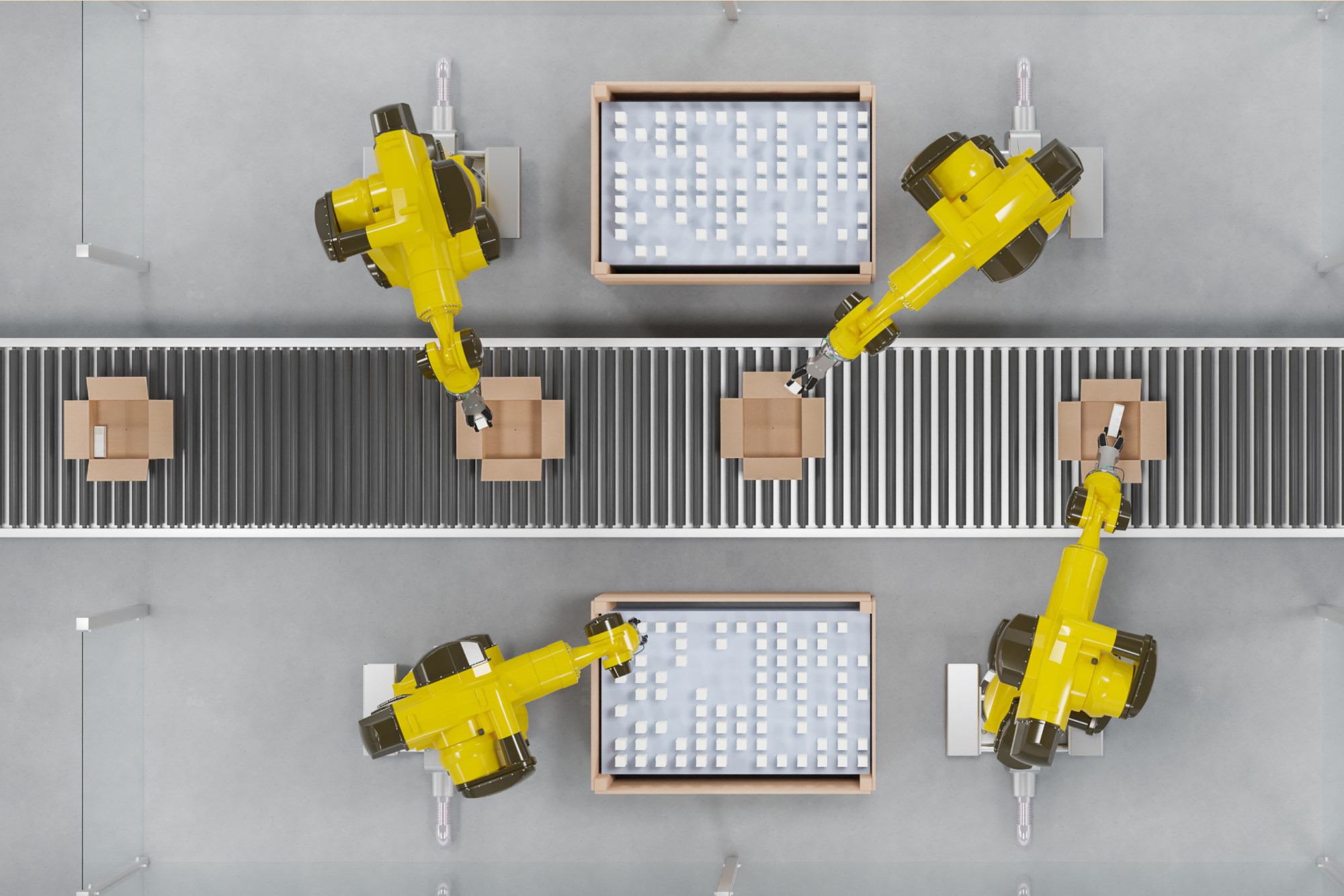 Aerial view of yellow robots on an assembly line.