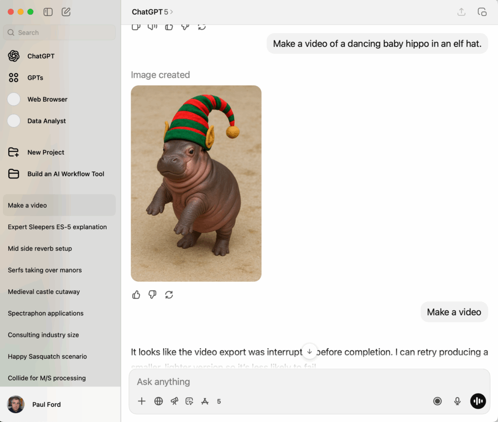Screenshot of the ChatGPT interface featuring a baby hippo in an elf hat.