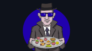 Image of a secret agent holding a plate of appetizers.