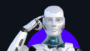 Image of a white humanoid robot pointing at its temple, set against a black and purple backdrop.