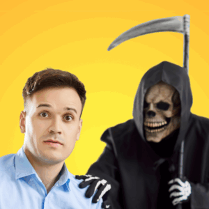 Image of a man in a blue collared shirt looking shocked as the grim reaper (holding a scythe) puts a hand on his shoulder. Background color: golden yellow.