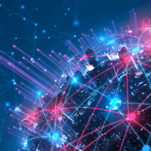 Image of the curve of a sphere with blue and red lights linked together.