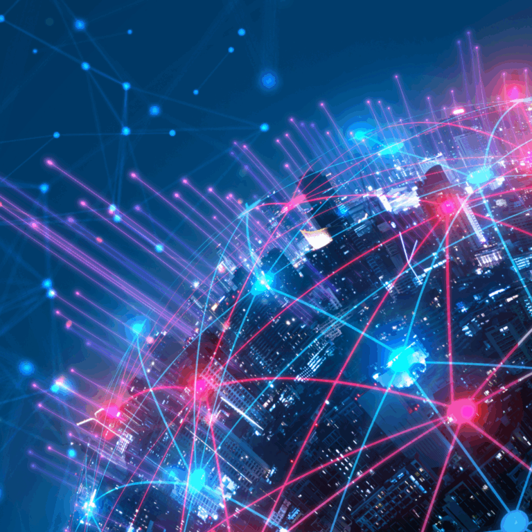 Image of the curve of a sphere with blue and red lights linked together.