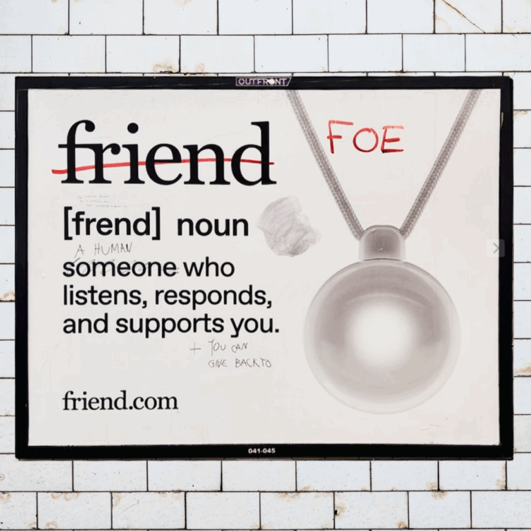 Image of a Friend ad on a subway wall with "friend" crossed out and FOE written in red.