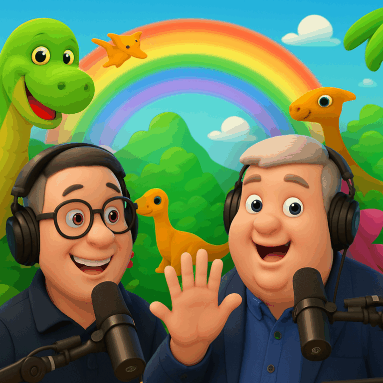 Cartoonish AI image of Paul and Rich in front of dinosaurs and a rainbow. Paul waves a six-fingered hand.