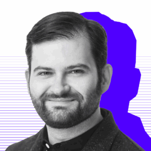 Black and white headshot of Dan with a purple shade, against a white background with purple wavy lines.