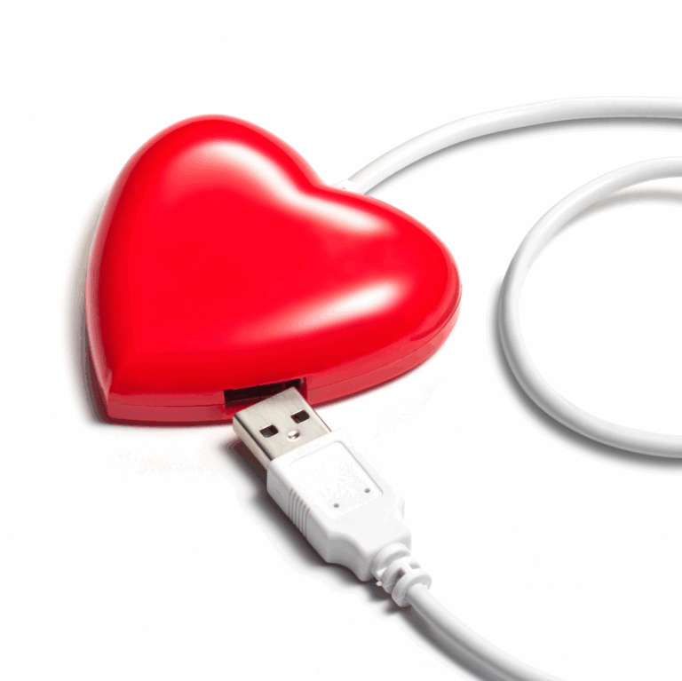 Image of a bright red heart with a white USB cable plugging into it.