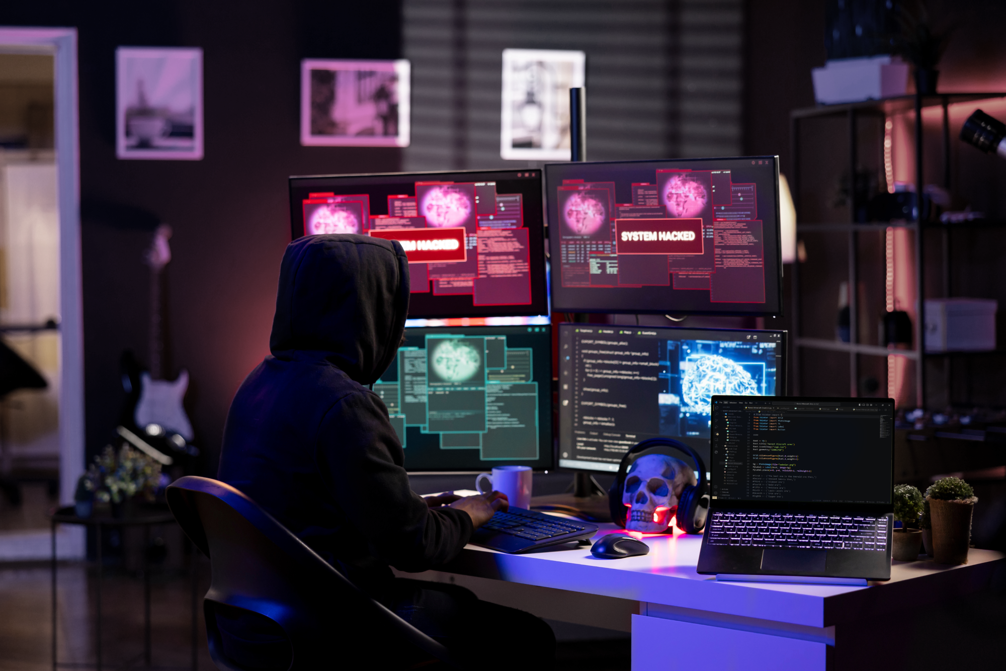 Image of shadowy hacker figure sitting in front of a bunch of monitors.